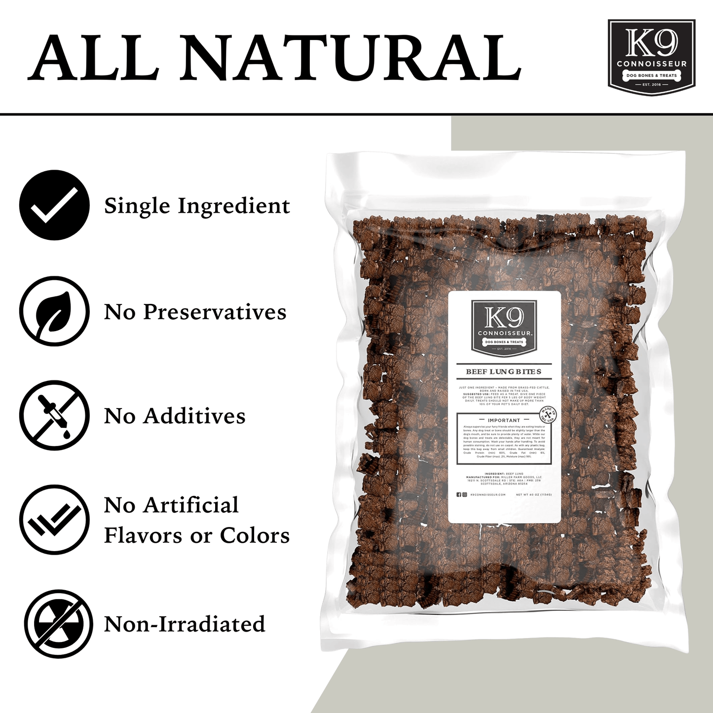 Lung Bites - Grain Free Natural Dog Treats Made in USA for Small, Medium, & Large Aggressive Chewers - K9 Connoisseur