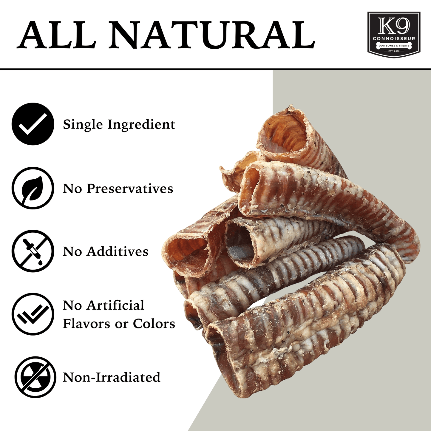 Beef Trachea Dog Chews - Grain Free Natural Dog Treats Made in USA for Small, Medium, Large Aggressive Chewers - K9 Connoisseur
